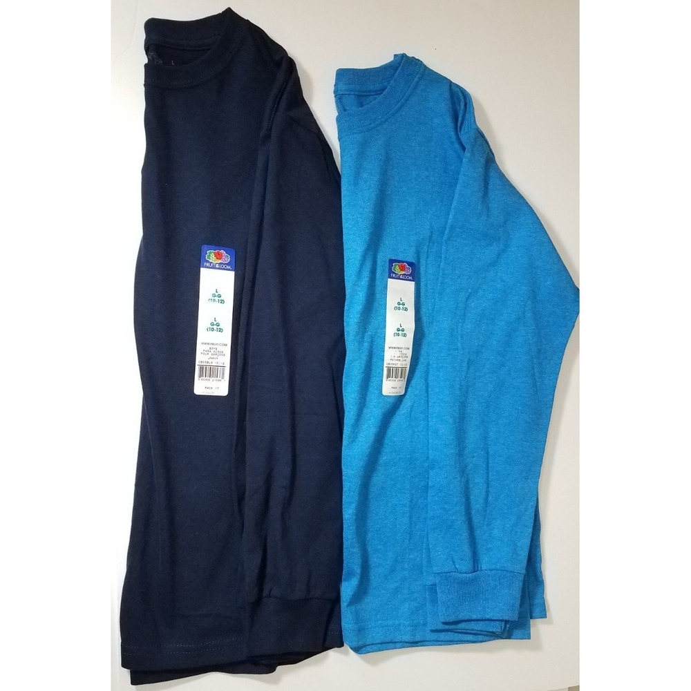 2-Fruit of the Loom Long Sleeve Crew Shirts Boys L (10-12) Blue Tees Cotton NEW